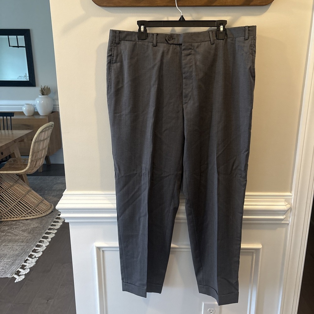 Canali Milano Trousers W40 L29‎ Charcoal Grey Pleated Wool Cuffed Straight